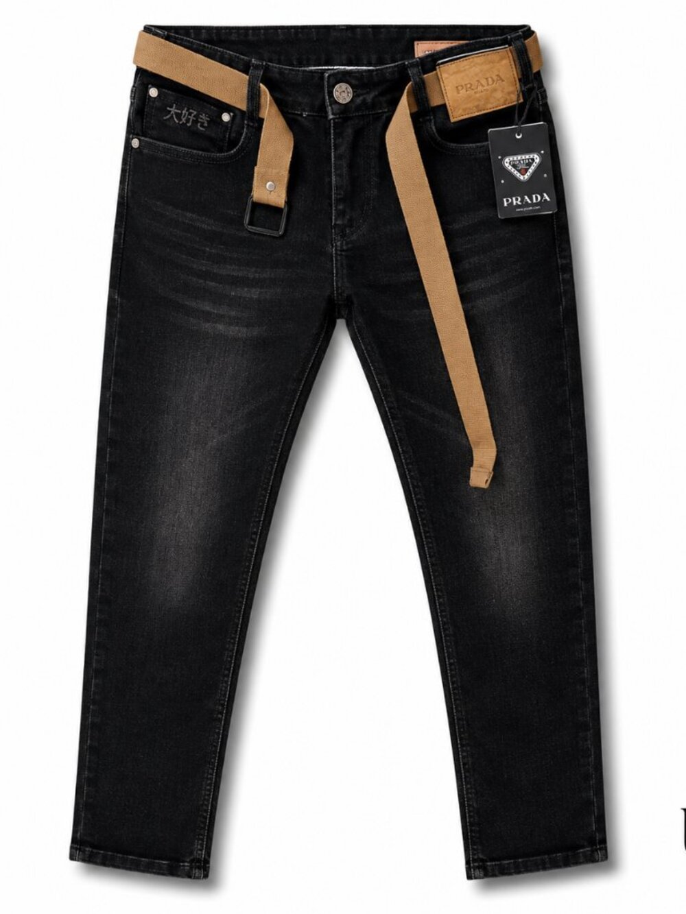 Men’s Black Washed Slim Jeans Brown Belt Detail NWT